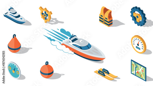 Isometric nautical icons featuring speedboat, life jacket, and navigation tools