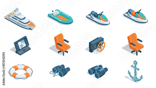 Isometric marine adventure set: yacht, jet ski, nautical icons and accessories