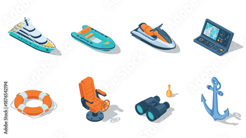Maritime isometric icons: yacht, jetski, navigation, and more