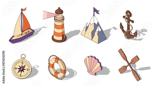 Nautical adventure icons with sailboat, lighthouse, mountains, and more in flat design