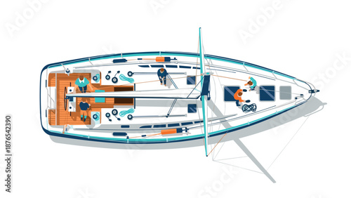 Top view sailing boat with crew: detailed nautical journey in modern flat design