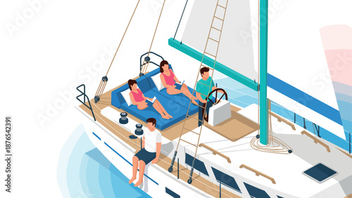 Isometric scene of people relaxing on a sailboat with modern nautical elements