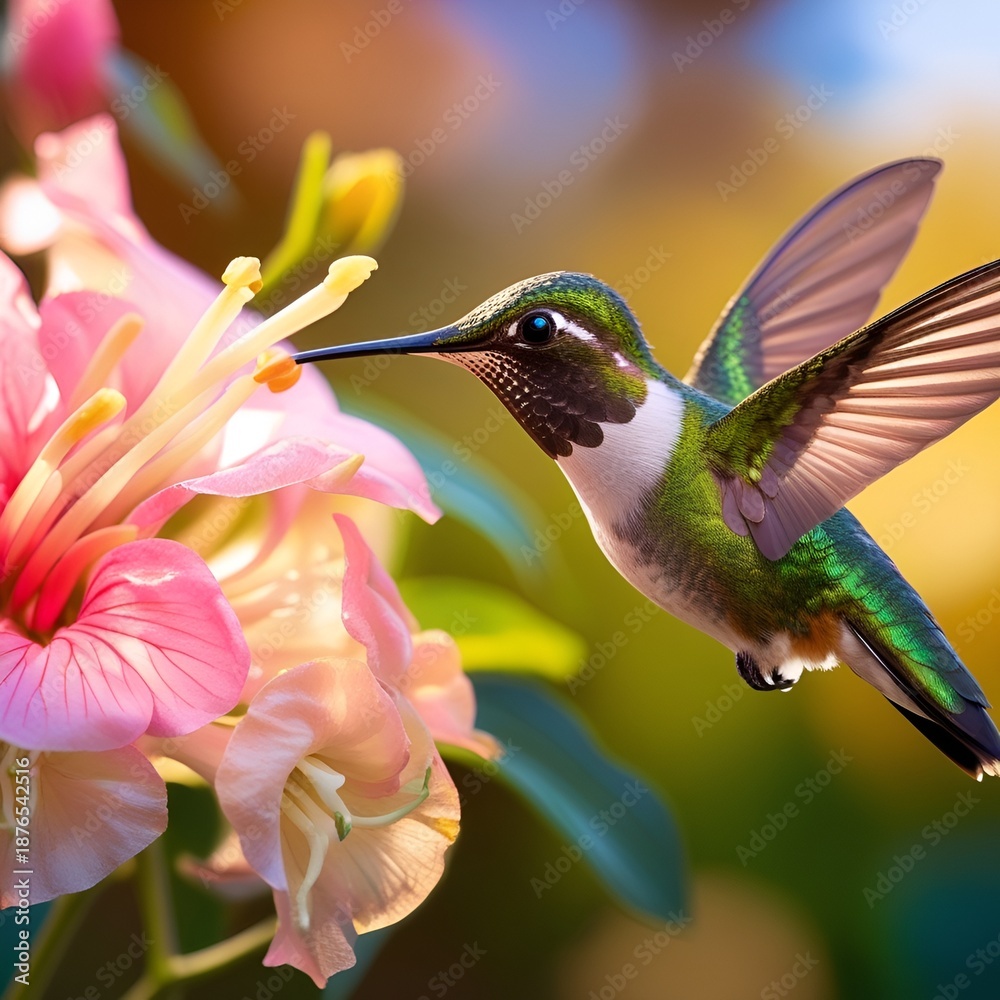 Fototapeta premium Hummingbird flying close to beautiful flower