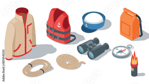 Maritime essentials: nautical gear and accessories in isometric style