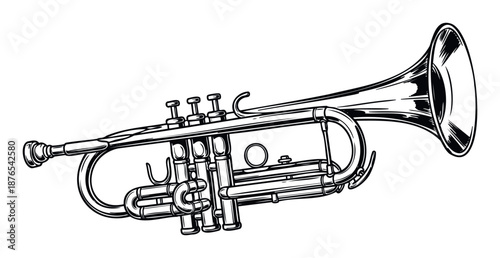 Detailed black outline trumpet wind instrument in a vintage line drawing style suitable for music school promotions concert posters and event invitations