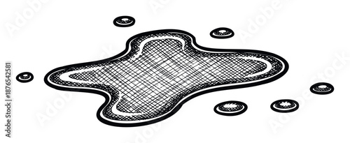 Abstract hand sketched ink blot or spilled fluid with textured details and surrounding droplets, ideal for various print materials and digital media overlays