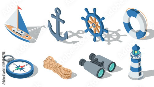 Nautical icons collection featuring isometric boat, anchor, lighthouse, and more