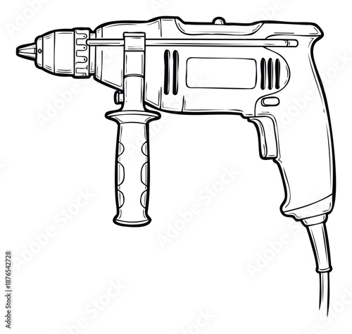 A clear monochrome line drawing of an electric power drill, featuring a keyless chuck and an ergonomic auxiliary handle, suitable for construction, home renovation, or general handyman