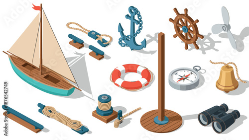 Nautical elements collection in isometric style with compass, anchor, and sailboat