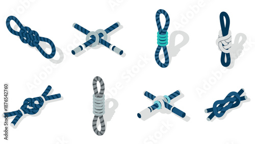Set of isometric rope knots in various shapes and styles for boating and climbing