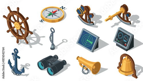 Nautical navigation tools in isometric design featuring compass, anchor, and more