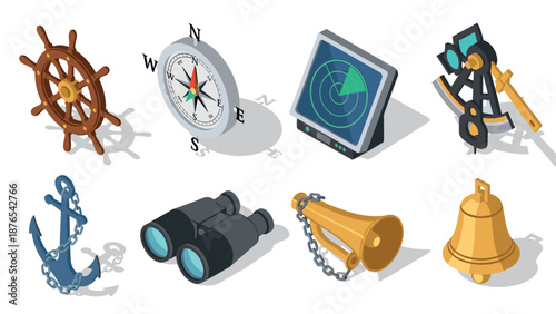 Nautical navigation icons in isometric style featuring compass and ship wheel