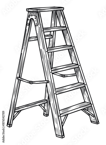 A robust wooden Aframe stepladder with distinct step treads and metal hinge details, perfect for illustrating concepts of home improvement, building construction, or essential household