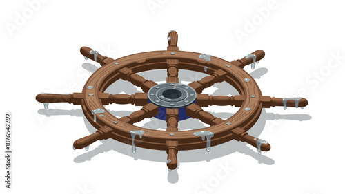 Realistic wooden ship wheel with water droplets on white background