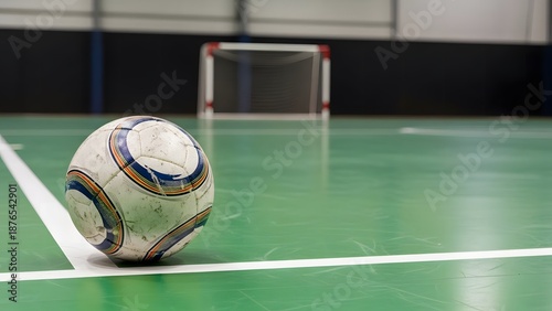 a futsal ball placed on the edge of an indoor futsal court.