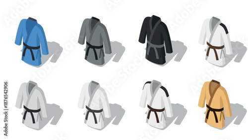 Set of isometric martial arts uniforms in various colors and styles