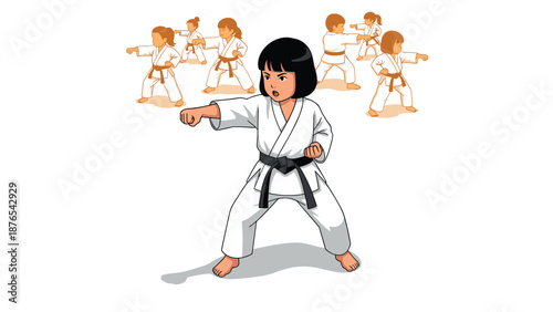Young martial artist practicing karate moves in training class scene
