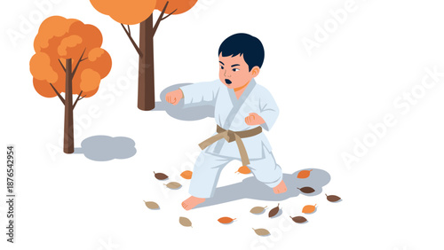 Young martial artist in autumn scene practicing karate in flat design