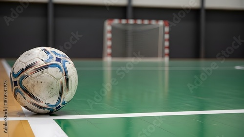 a futsal ball placed on the edge of an indoor futsal court.