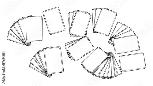 Black and white line drawing of blank cards arranged in various stacks and fanned out configurations, perfect for board game designs, educational materials, or spiritual readings