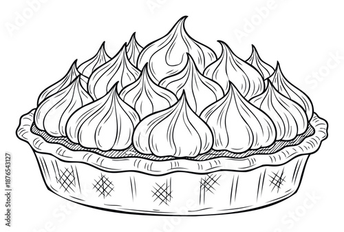 Sweet meringue pie with a decorative crust and many fluffy peaks, perfect for dessert menus, bakery advertisements, recipe books, or foodthemed educational materials.
