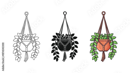 Set of three hanging plant illustrations outline, silhouette, and colored version of a potted plant in a macrame hanger