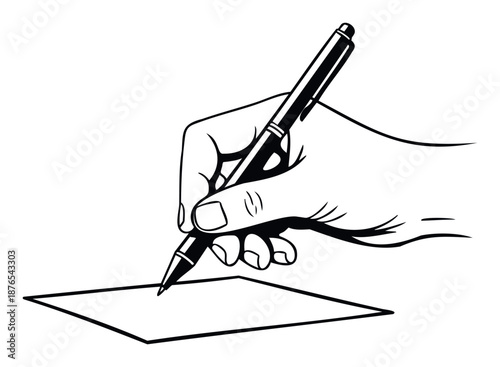 Professional hand holding a pen making a signature or taking notes on a piece of paper, ideal for educational, legal, or administrative document creation applications.