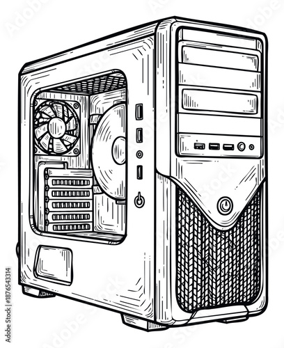 Detailed line drawing of a vintage desktop computer tower with an open side revealing internal components like a fan and disk drive, ideal for technology education and hardware history