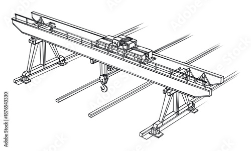 Industrial gantry crane with hoist and hook running on overhead rails, engineered for heavy lifting operations in factories, construction sites, and warehouses, providing efficient material