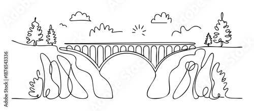 Black line drawing of an arched bridge spanning a natural valley with simple trees and clouds, ideal for tranquil landscape themes and outline graphic elements.