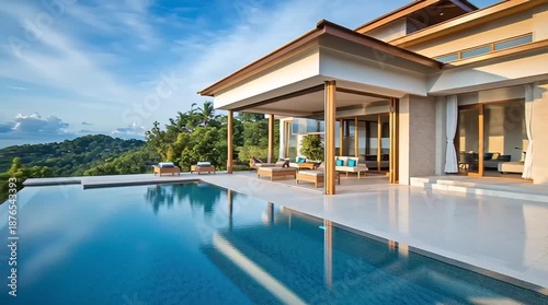 Luxury villa with infinity pool overlooking tropical ocean vista, exotic vacation resort