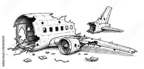 A detailed hand drawn ink sketch illustration depicting the dramatic aftermath of a severe airplane crash with a broken fuselage, detached wing, and scattered debris, perfect for disaster