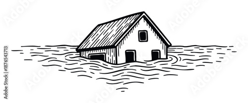 Simple house partially submerged in floodwaters with a dramatic hand drawn wave pattern, symbolizing environmental challenges and the effects of rising water levels for various media