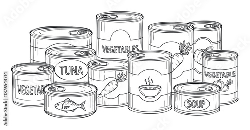 Collection of essential pantry staples like canned tuna, vegetables, and soup in a neat arrangement, ideal for illustrating food preparation, grocery shopping, or emergency food supply