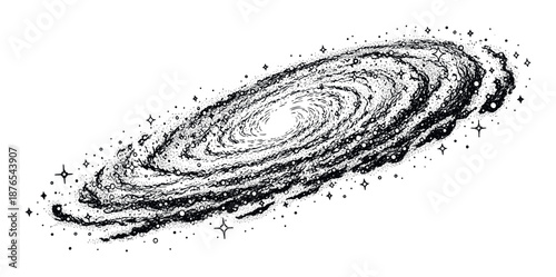 Black and white hand drawn spiral galaxy with many stars and cosmic dust creating an abstract space phenomenon perfect for science fiction themes or celestial graphic projects