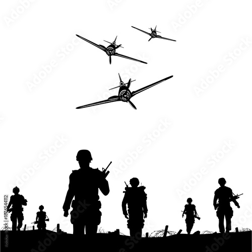 USA military army soldiers with weapon at war. Army soldier or veteran in attack with helicopter. American independence or memorial day vector silhouette background with pride, honor and security icon