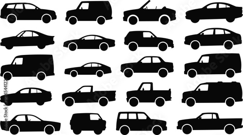 Car silhouettes collection, sedan, hatchback, pickup truck, van and SUV vehicles, side view transportation icons, black isolated vector illustration set