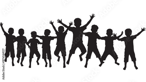 Happy children jumping and playing together on transparent background