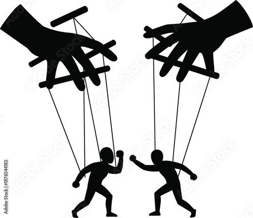 Puppeteer hands manipulating fighting figures with strings, conflict and control concept, power struggle, silhouette art illustration