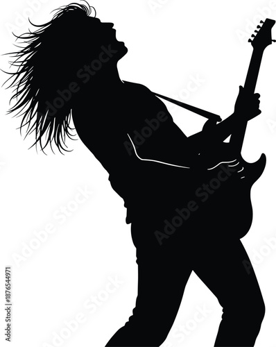 Rock guitarist silhouette, electric guitar player, hair flying, music performance pose, stage energy, concert vibe, musician art, vector style