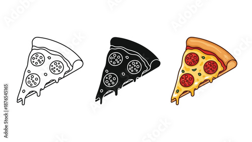 Set of three pizza slice icons outline, silhouette and colored pepperoni pizza illustration