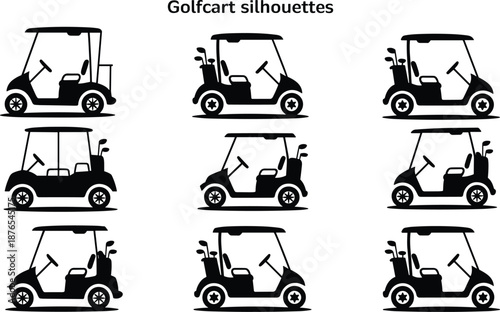 Golf cart silhouettes collection, electric golf buggy icons, transportation vehicle set, golf course mobility, recreational cart design, black isolated vector illustration