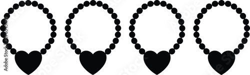 Heart rosary bracelet silhouettes collection, beaded necklace with love heart pendant, romantic jewelry icons, faith and affection symbol, black isolated vector set