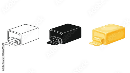 Set of three butter stick icons outline, solid black, and colored illustration, with a small piece unwrapped