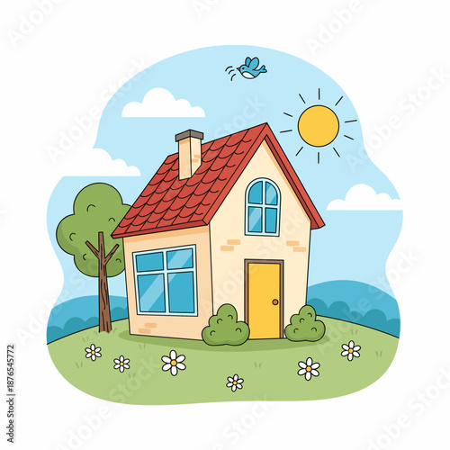 Charming Cartoon House with Sunny Day and Green Landscape