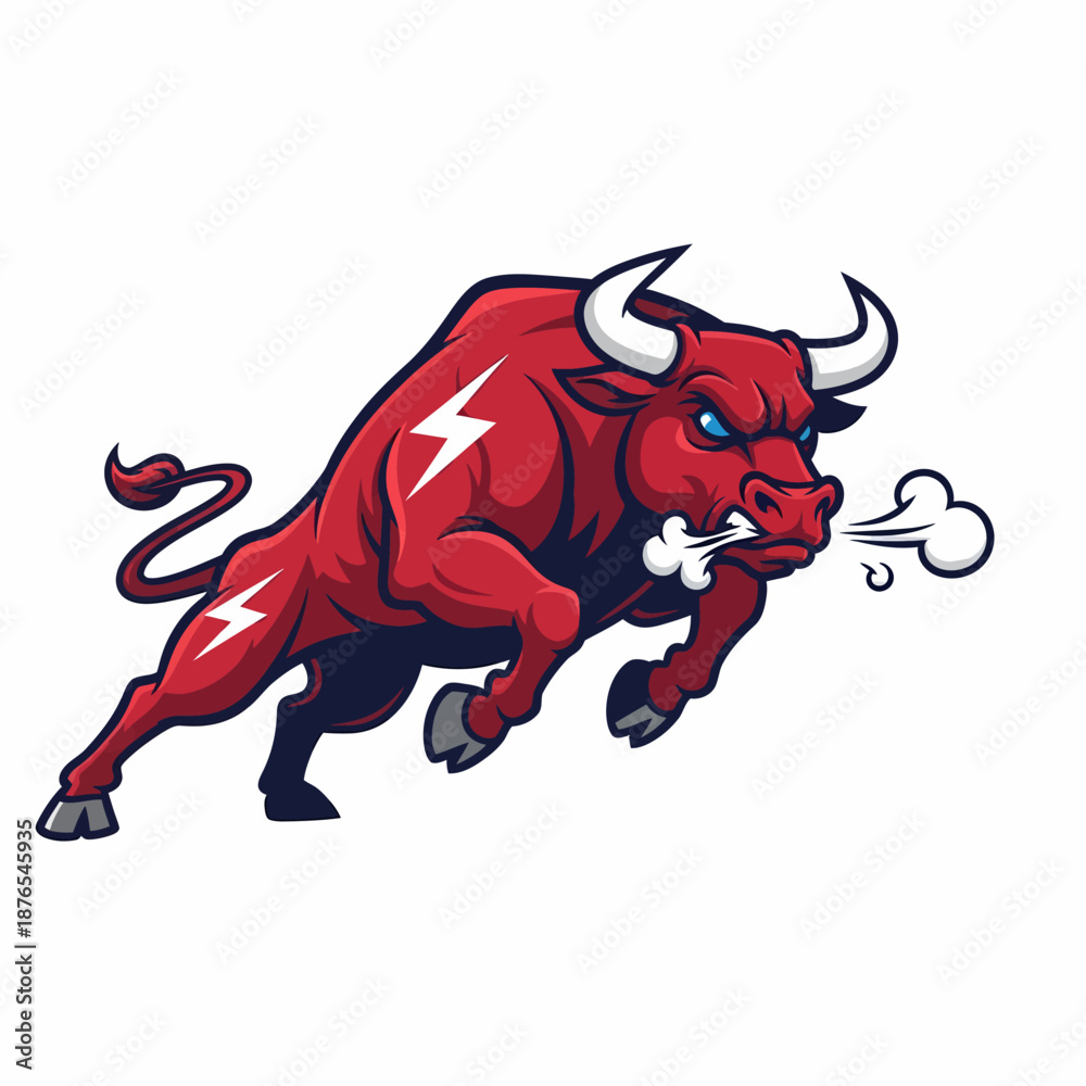 Fototapeta premium Red Bull Illustration Charging Forward with Lightning Symbolism