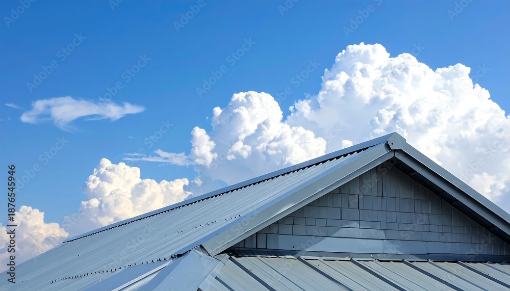 Fototapeta premium Angle of a metal roof against a bright blue sky and fluffy clouds