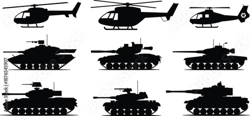 Military helicopter and tank silhouettes collection, modern combat vehicles, army warfare equipment, armored tanks, attack helicopters, black isolated icon set