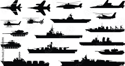 Military aircraft and naval ship silhouettes collection, fighter jets, helicopters, tanks, battleships, destroyers, modern army and navy vehicle icon set