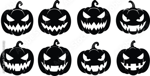 Scary pumpkin face vector collection, Halloween jack-o'-lantern set, spooky black silhouette art